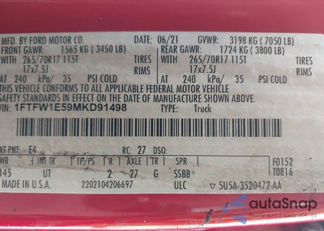 2021 Ford F150 Xlt из США, поврежденный, VIN 1FTFW1E59MKD91498